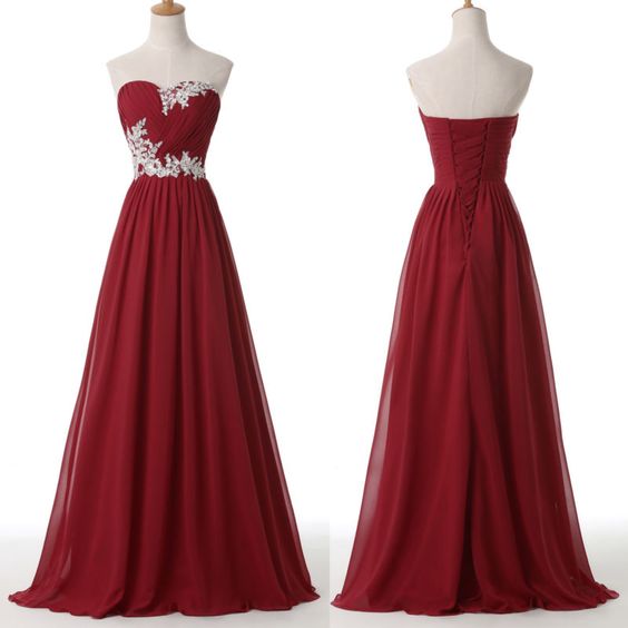 Beautiful Chiffon Wine Red Sweetheart Lace Applique Party Gowns, Wine Red Party Dresses, Simple Prom Dresses