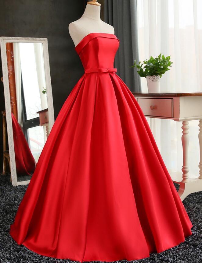 Red Ball Gown Long Satin Prom Dresses, Red Prom Dresses, Red Party ...