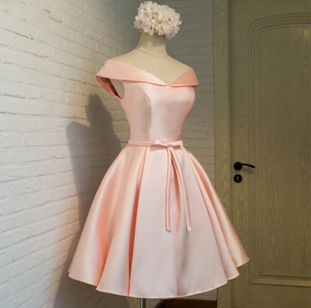 Lovely Satin Light Pink Lace-up Back Knee Length Party Dresses, Pink Formal Dresses,off Shoulder Homecoming Dresses
