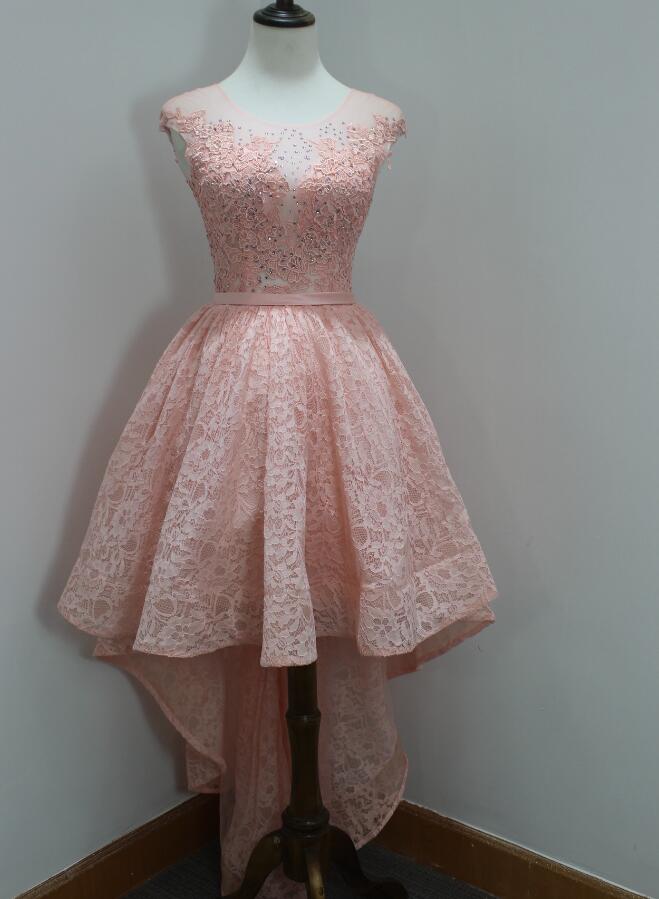 Lovely Lace Pink with Applique High Low Formal Dresses, Pink Party Dresses, High Low Prom Dreses