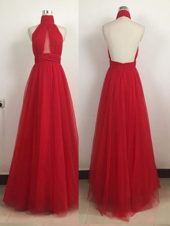 Red Halter Tulle Backless Prom Dresses, Red Party Dresses, Red Formal Dresses