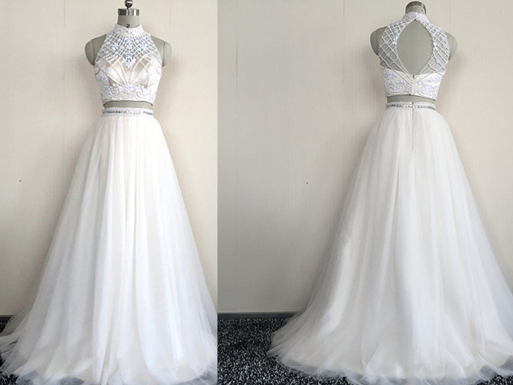 Stylish Ivory Tulle Beaded Two Piece Party Gowns, Two Piece Formal Dresses, Evening Gowns
