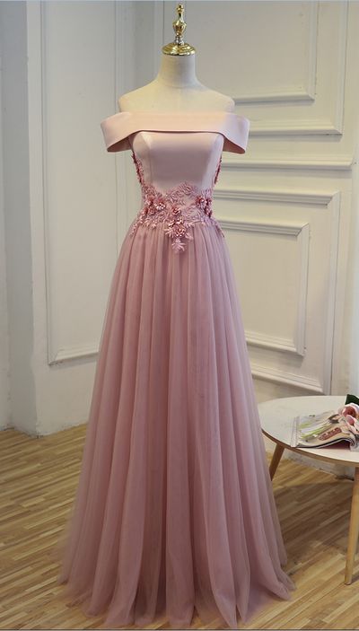 Charming Pink Satin And Tulle Off Shoulder Formal Dresses, Pink Party Dresses, Prom Dress 2017