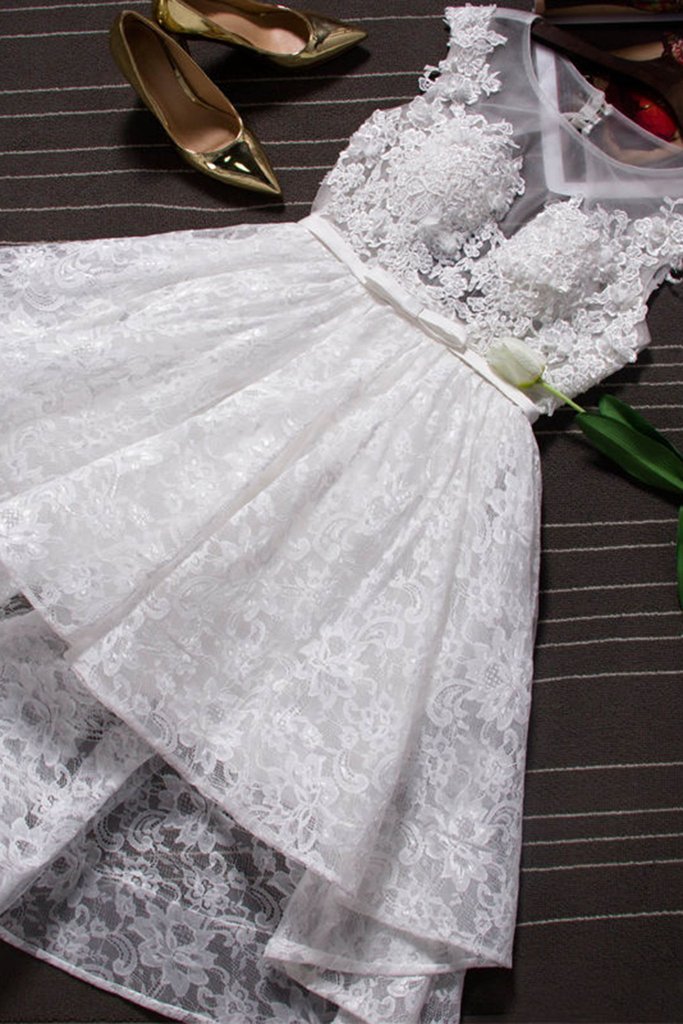 Adorable Lace High Low White Homecoming Dresses, White Prom