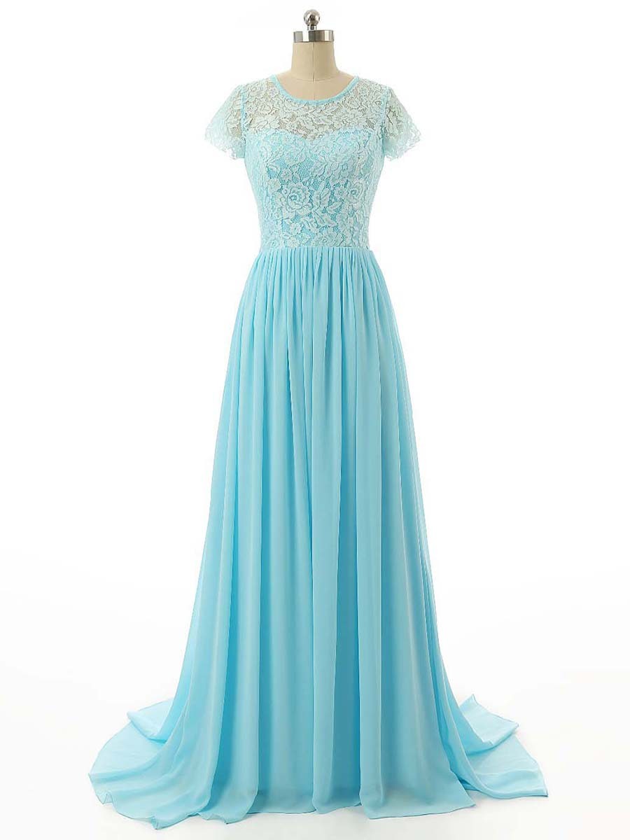 Elegant Light Blue Lace And Chiffon Floor Length Bridesmaid Dresses, Light Blue Prom Dresses, Blue Evening Gowns