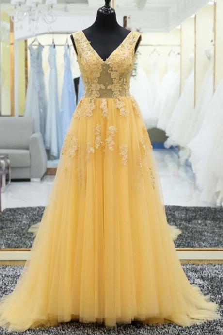 Beautiful Yellow Lace And Tulle Long Formal Gowns, Yellow Prom Dresses, Party Dresses 2017