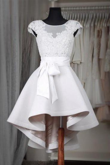 Cute Short Satin White Homecoming Dresses Scoop Neck Lace Women Party Dresses, Short Prom Dresses