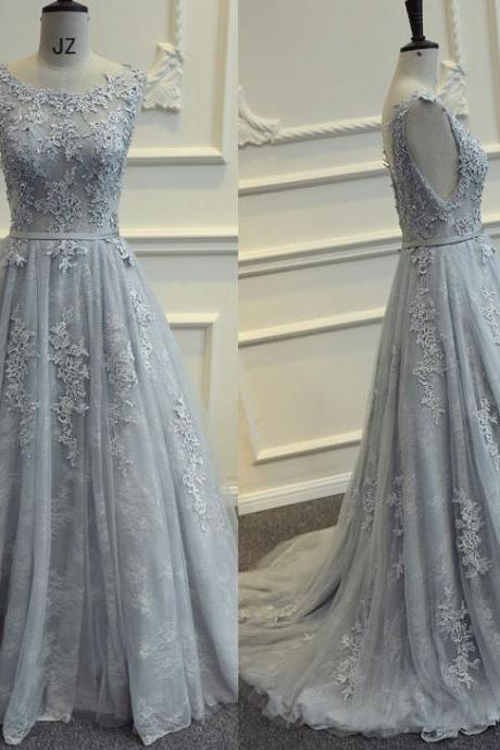 Grey Tull Party Gowns, Long Formal Grey Lace Backless Gowns, Grey Prom Dresses