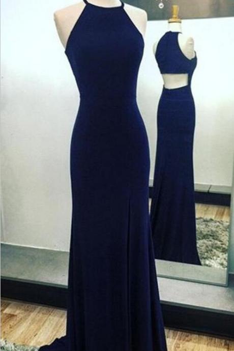 Simple Navy Blue Spandex Slit Mermaid Party Gowns, Blue Evening Gowns, Mermaid Prom Dresses