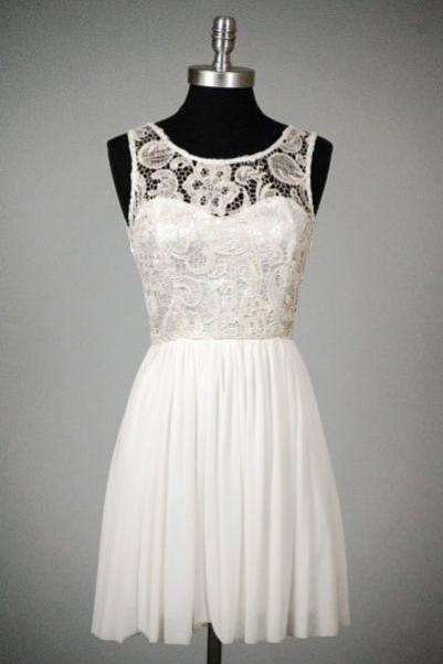 Simple White Lace And Chiffon Short Graduation Dresses, White Party Dresses, Simple Formal Dresses