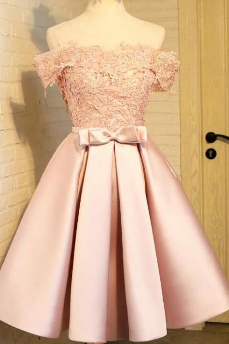 Lovely Light Pink Off Shoulder Satin And Lace Applique Homecoming Dresses, Homecoming Dresses 2017, Short Party Dresses