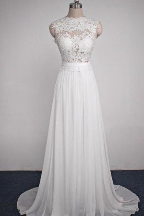 Simple White Long Chiffon Prom Dress With Lace Applique, White Prom Dresses, Evening Gowns