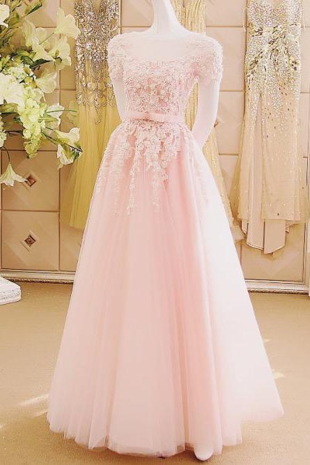 Elegant Tulle And Lace Applique Pink Prom Gowns, Pink Formal Dresses, Evening Gowns