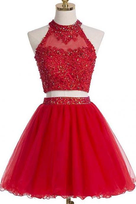Red Two-piece Homecoming Dress Featuring Beaded Embellished High Halter Crop Top With Keyhole Back And Short Tulle A-line Skirt