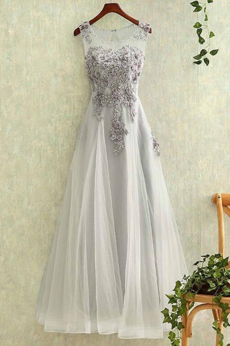 Charming Light Grey Long Prom Dresses, Elegant Tulle and Lace Party Gowns, Grey Formal Dresses
