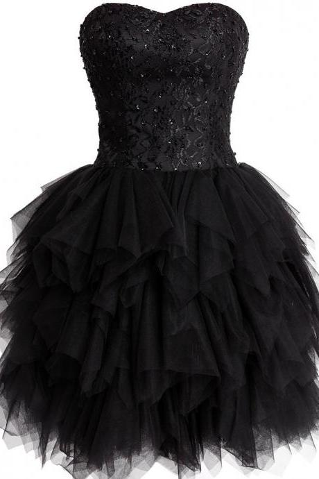 Cute Black Strapless Ruffled Homecoming Cocktail Dress, Short Prom Dresses, Lovely Party Dresses