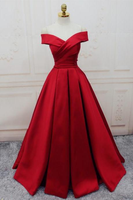 Red Off-the-shoulder Satin A-line Floor-length Prom Dress, Evening Dress Featuring Lace-up Back