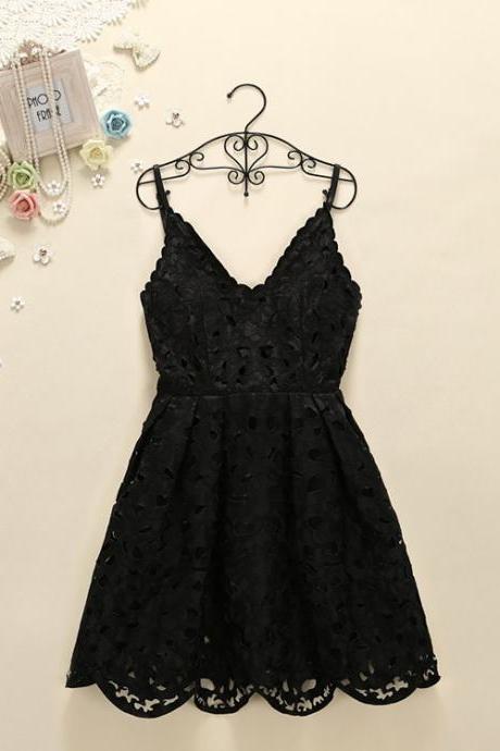 Chic Lace Straps Short/mini Summer Dresses, Cute Formal Dresses, Black Lace Party Dresses