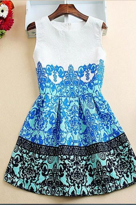 Blue Floral Round Neckline Short Dresses, Stylish Summer Dresses, Women Casual Dresses