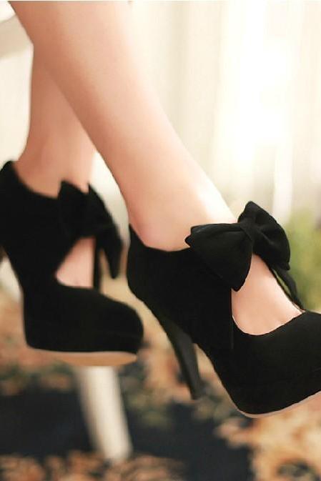 Cute Black Bow Knot High Heels, Women Fashion Heels, Lovely Shoes For Teen