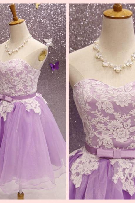 Lovely Lavender Short Lace Applique and Tulle Sweet 16 Dresses, Cute Homecoming Dress with Bow, Short Prom Dresses