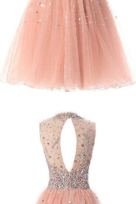 Pearl Pink Beaded Spark Tulle Homecoming Dresses, Cute Short Party Dresses, Sweet 16 Dresses, Teen Formal Dresses