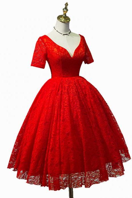 Charming Lace Red Vintage Style Teen Length Party Gowns, Red Lace Formal Gowns, Lace Party Dresses