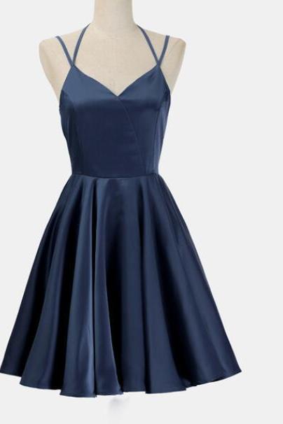 Lovely Short Straps Halter Homecoming Dresses, Navy Blue Summer Dresses, Women Dresses In Stock
