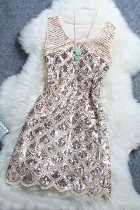 Fashionable Sparkle Gold Sequins Women Dresses, Sequins Short Party Dresses(US size 2-10)