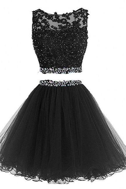 Black Two Piece Knee Length Cute Homecoming Dresses, Homecoming Dresses 2017, Short Prom Dresses For