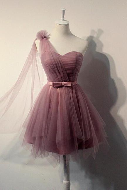 Lovely Deep Pink One Shoulder Sweet 16 Dresses, Knee Length Prom Dress With Bow, Adorable Formal Dresses