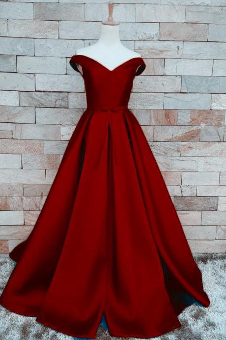 Pretty Burgundy A Line Prom Dresses Satin Off The Shoulder, Evening Gowns With Belt And Pleat, Burgundy Prom Dresses 2018