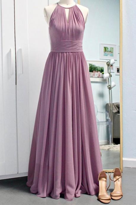 Simple Halter Round Deep Pink Chiffon Long Bridesmaid Dresses, Floor Length Prom Dresses, Party Gowns