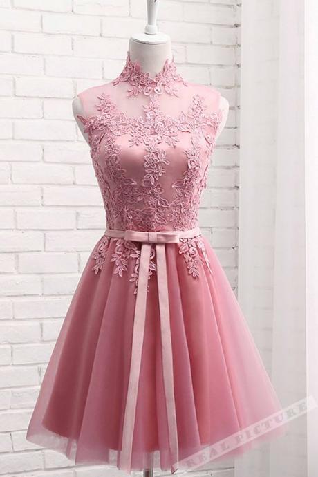 Pink High Neckline Lace Applique Homecoming Dresses, Cute Sweet 16 Formal Dresses, Knee Length Prom Dresses 2018
