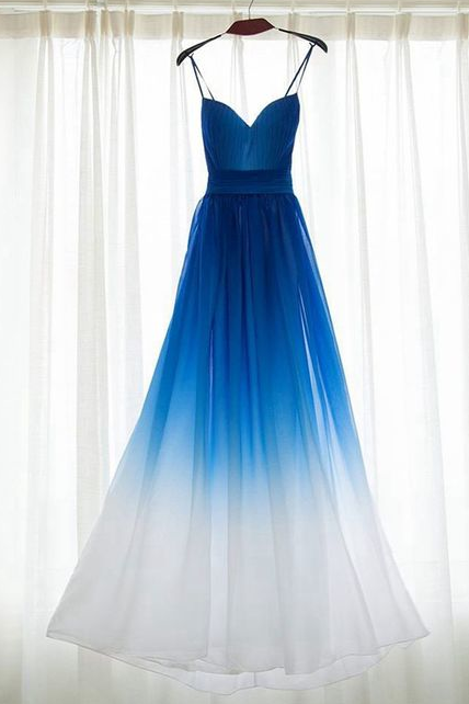 Elegant Spaghetti Blue Gradient Prom Dress,Chiffon Prom Dress,Gradient Party Gowns, New Style Evening Dresses