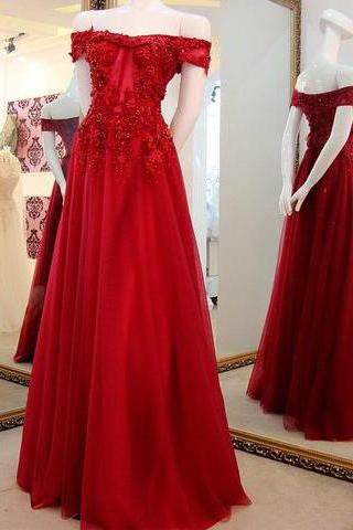 Off the Shoulder Prom Gown 2018,Applique Lace Long Prom Dresses,Tulle Party Dresses,Dark Red Formal Dresses