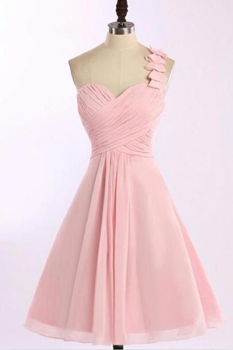 Sweet One Shoulder Pink Homecoming Dresses, Short Chiffon Pink Bridesmaid Dresses, Prom Dresses 2018