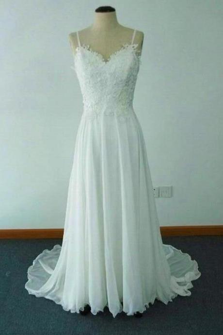 Elegant White A-line Long Sweep Train Chiffon Beach Wedding Dress With Lace, Simple Wedding Gowns, Prom Dresses