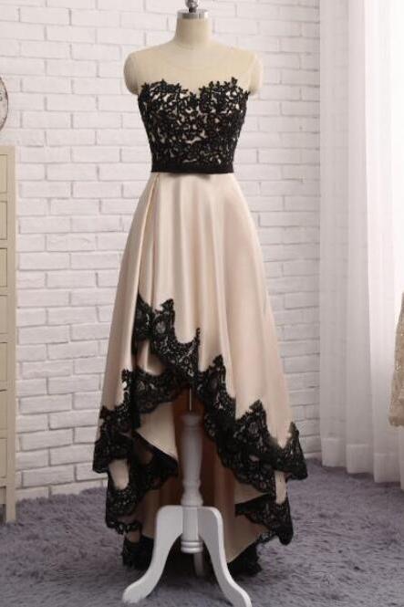 High Quality High Low Champagne Party Dress With Lace, Homecoming Dresses, Adorable Party Dresses