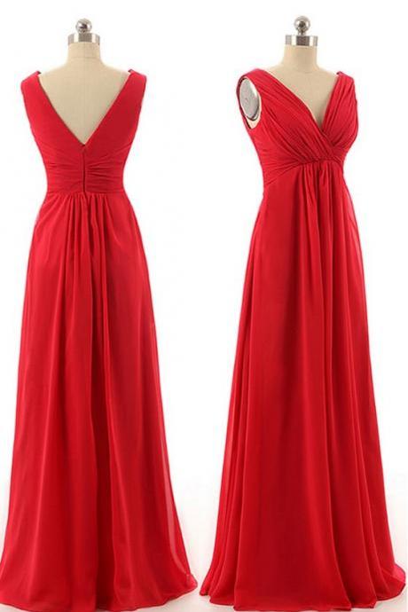 Red V-neckline Chiffon Floor Length Bridesmaid Dresses, Red Formal Dresses, Red Party Dresses