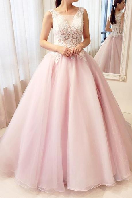 Pink Ball Gown Lace Party Gowns, Gorgeous Pink Prom Dresses, Sweet 16 Formal Gowns