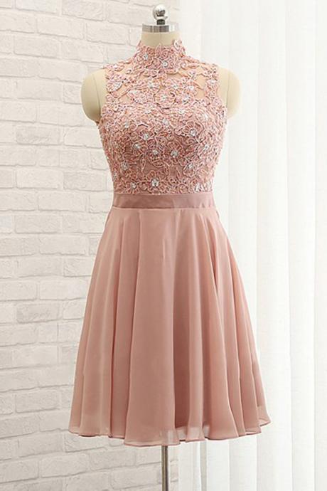 Pearl Pink Bridesmaid Dresses,a-line Homecoming Dress,high Neck Prom Dresses,sleeveless Bridesmaid Dresses,open Back Prom Dresses