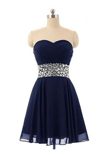 Navy Blue Homecoming Dresses, Short Beaded Simple Prom Dresses, Cute Formal Dresses