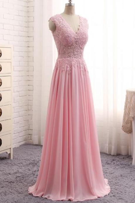Pink Long Chiffon Party Dresses, Pink Prom Dresses, Simple Prom Gowns 2018, Formal Dresses