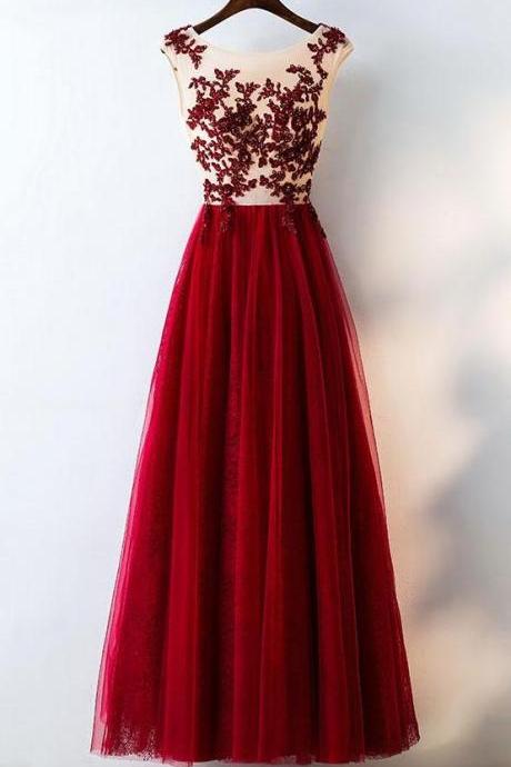 Charming Dark Red Tulle Party Gowns, Long Prom Dresses 2018, Lace Applique Formal Dresses