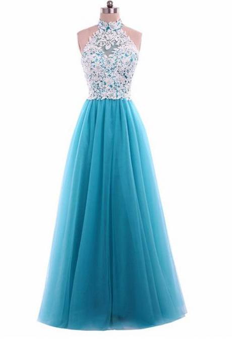 Custom Made Blue High Neckline Lace Applique A-line Long Evening Dress, Prom Dresses, Wedding Gowns