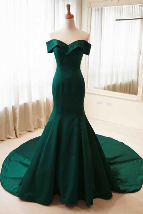Green Mermaid Gorgeous Satin Gowns, Off Shoulder Evening Dresses, Prom Dresses 2018