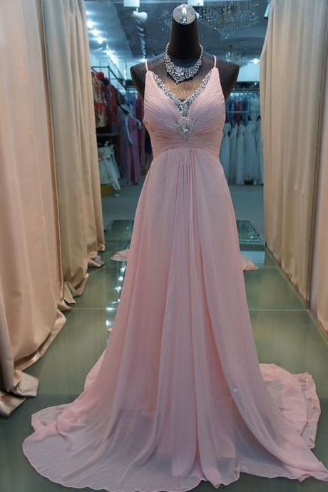 Pink Spaghetti Straps V-neckline Chiffon Prom Dresses, Pink Party Gowns, Prom Dresses 2018