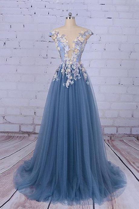 Blue Tulle Long Unique Prom Gowns, Floral Appliqued Party Dresses,tulle Evening Dress,elegant Party Dresses