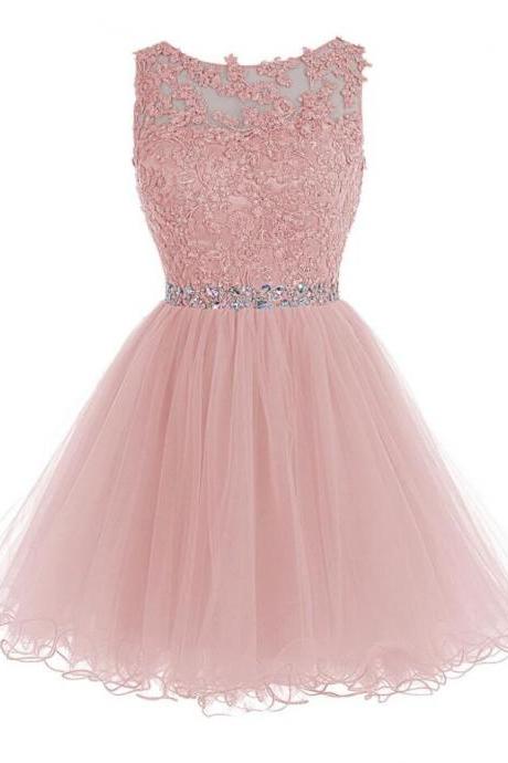Lovely Soft Pink Short Prom Dress, Tulle And Lace Applique Beaded Tulle Party Dresses, Pink Homecoming Dress, Sweet 16 Dresses
